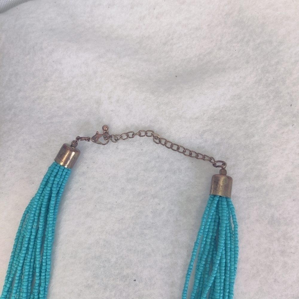 Long Multi Strand Turquoise Blue Glass Bead Necklace w/ Metallic Accents - Picture 5 of 9